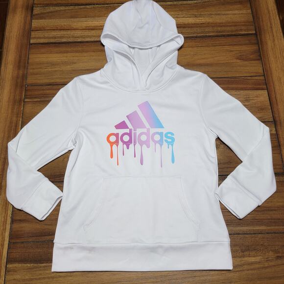adidas Tops - Adidas Juniors White LS Hoodie Pastel Melting Logo - Size Medium (10-12)